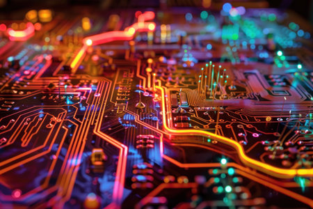 Closeup of illuminated circuit board with glowing pathways and intricate electronic componentsの素材