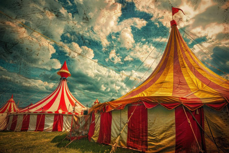 Retrostyled image of colorful circus tents with clouds looming overhead, creating a nostalgic sceneの素材