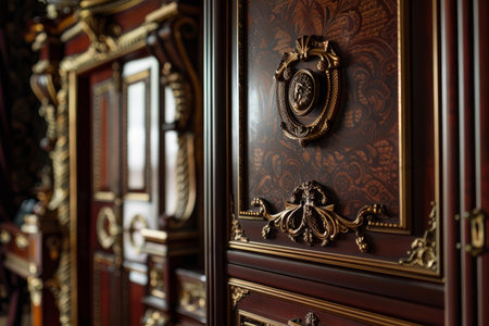 Detailed view of an elegant vintage wooden cabinet with ornate metal handlesの素材