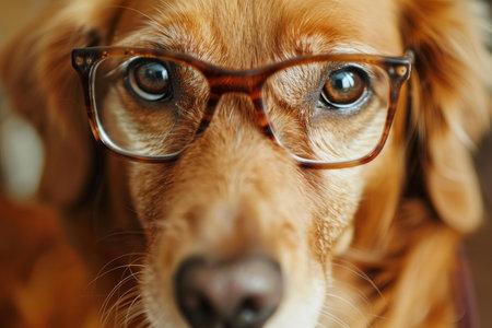 Detailed closeup of a brown dog with a humorous expression, wearing oversized eyeglassesの素材
