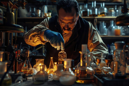A mystical alchemist works with various potions in a dimlylit, vintage laboratoryの素材