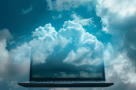 Laptop displaying clouds on its screen, blending with the sky in the backgroundの素材