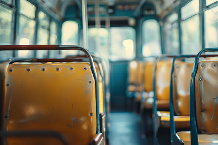 View inside an empty bus showing rows of retro orange seats with a soft focus backgroundの素材