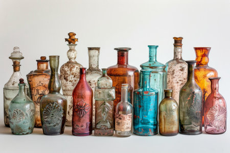 Assortment of antique glass bottles in various colors and shapes displayed against a white backdropの素材