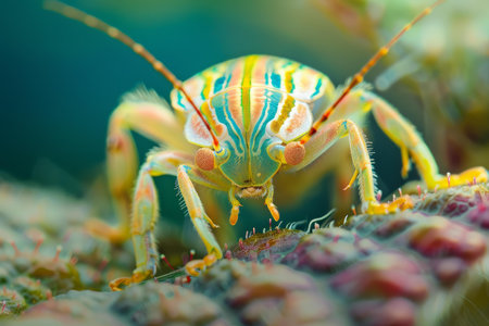 Closeup of a colorful shield bug nestled among green leaves, showcasing natures intricate patternsの素材