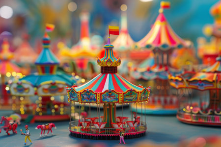 Detailed miniature carnival display capturing the vibrant colors and festivities of a carouselの素材