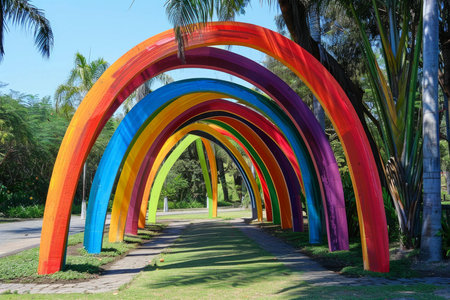 Vibrant rainbowcolored arches creating a whimsical walkway in a lush green parkの素材
