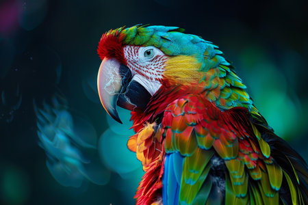 Vibrant closeup of a red and green macaw with detailed feathers against a moody backdropの素材