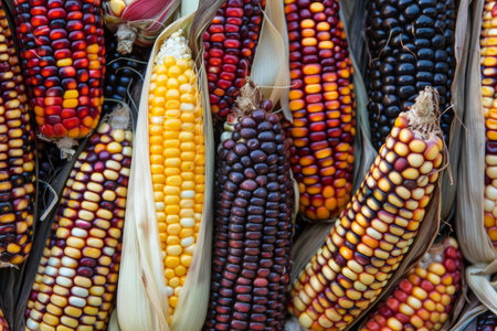 Collection of multicolored heirloom corn cobs showcasing the diverse, organic, and natural variety of maizeの素材