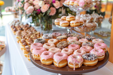 Closeup of a colorful display of various frosted donuts on a dessert buffetの素材