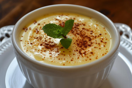 Closeup of a delicious homemade baked custard with a sprinkle of cinnamon and a mint leaf garnishの素材