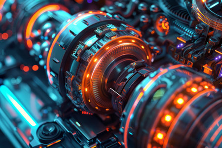 Detailed 3d render of a scifi machine core illuminated by neon lightingの素材
