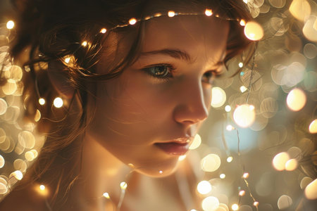 Closeup of a womans face illuminated by the warm glow of surrounding fairy lightsの素材