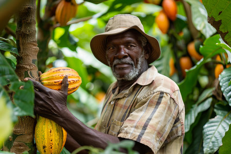 Smiling farmer harvests fresh cacao pods from a lush green plantationの素材