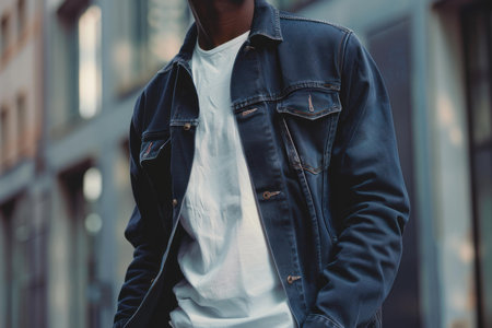 Stylish young man in a denim jacket and white tee on a city street. Focus on clothing detailsの素材