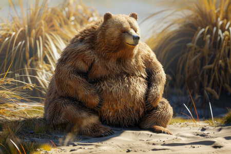 Serene brown bear sits amidst grass with sunshine highlighting its thick furの素材