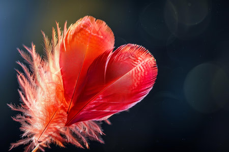 Closeup of delicate red feathers with a softfocus dark backdrop and light bokehの素材