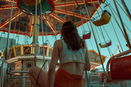Back view of a young woman sitting on a carousel swing ride at a carnival during duskの素材