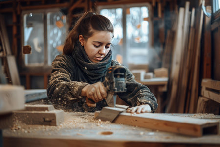 Skilled woman carpenter carefully operates a power tool on a wood piece in a workshopの素材