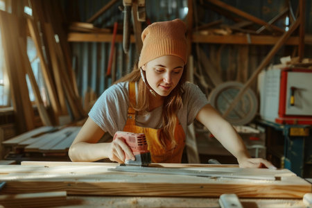 Skilled woman carpenter focused on sanding a wooden plank with an electric sander in a sunny woodshopの素材