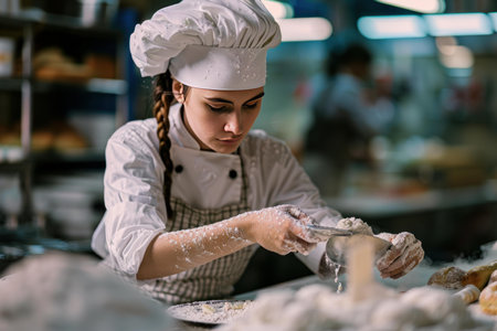 Focused pastry chef in traditional uniform sprinkling flour on desserts in a kitchenの素材