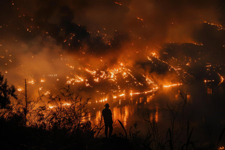 Dark figure stands by the water, gazing at a catastrophic wildfire engulfing the hillsideの素材