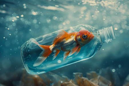 Vibrant goldfish inside a transparent bottle submerged in a blue aquatic environmentの素材