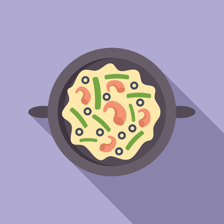 Frying pan containing shrimp, green beans, and spices being prepared on a stove topのイラスト素材