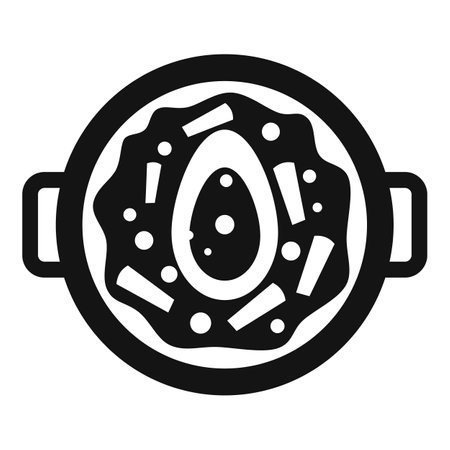 Black and white icon of a large cooking pot simmering a delicious soup with vegetables and meatのイラスト素材