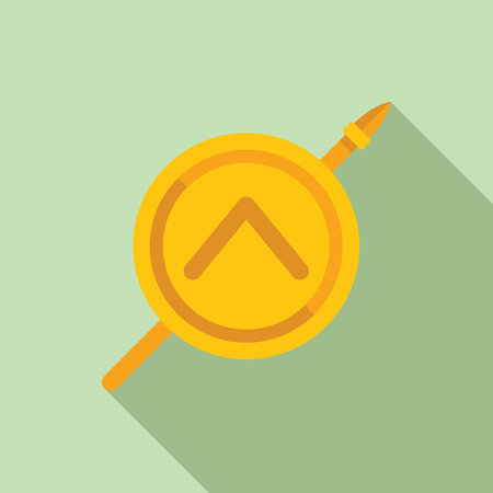 Golden spartan warrior shield and spear are laying on a light green backgroundのイラスト素材