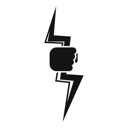 Black and white icon of a powerful hand gripping a lightning bolt, symbolizing strength and energyのイラスト素材