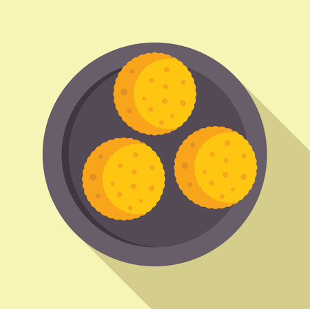 Three round crackers with holes are sitting on a dark round plateのイラスト素材