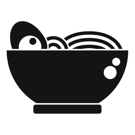 Simple black and white icon of a bowl of ramen noodles with egg and brothのイラスト素材