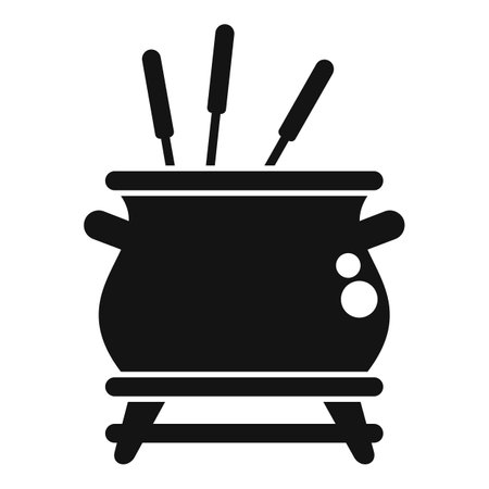 Black silhouette of a cast iron cauldron pot simmering over a fire with spoons sticking outのイラスト素材