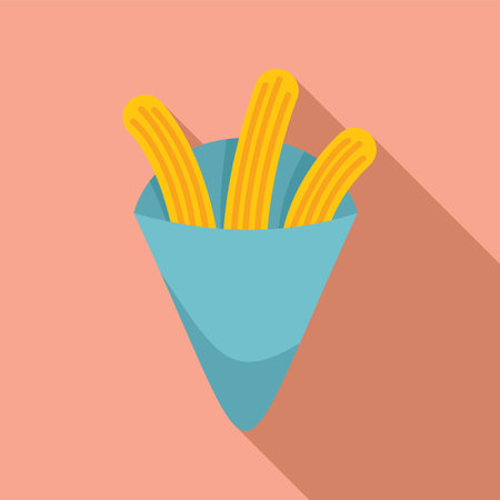 Three churros are being served in a blue paper cone, casting a long shadow on a pink backgroundのイラスト素材