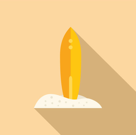 Yellow surfboard is standing upright on the sand on a sunny beach, casting a long shadowのイラスト素材
