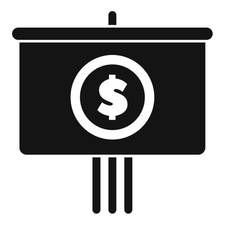 Black and white icon of a flip chart showing a dollar sign, representing a business presentation about financeのイラスト素材