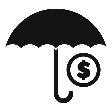 Black and white icon of an open umbrella protecting a dollar coin, representing the concept of saving moneyのイラスト素材