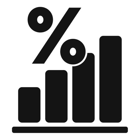 Simple black and white icon of a bar chart with an increasing percentage symbol, representing positive growthのイラスト素材