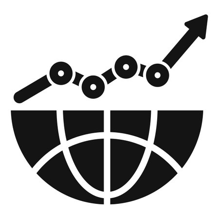 Black and white icon of a line graph trending upwards over a world map representing global business growthのイラスト素材