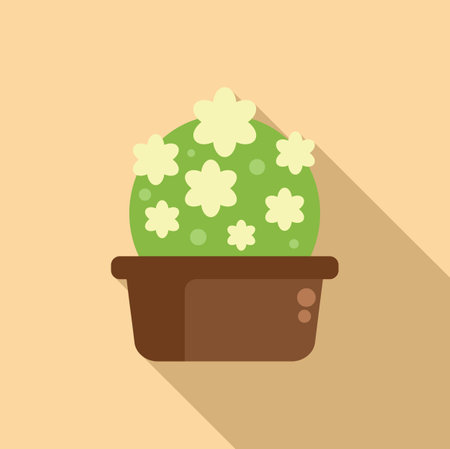 Round cactus with white flowers growing in a pot, flat design illustration with long shadow on a beige backgroundのイラスト素材