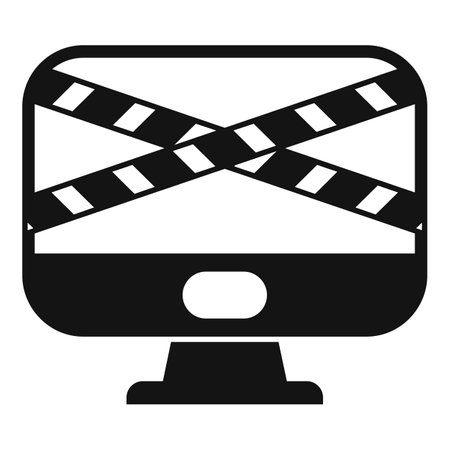 Black and white icon of a computer screen crossed with two security tape strips, representing online security breachのイラスト素材
