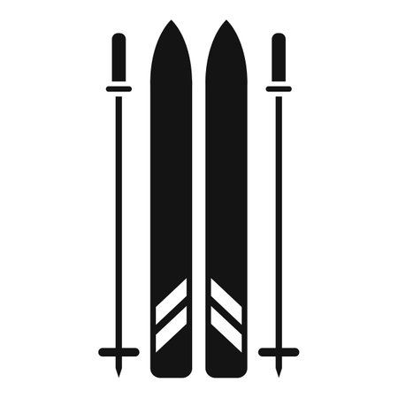 Black icon of mountain skis and poles standing upright, isolated on a white backgroundのイラスト素材