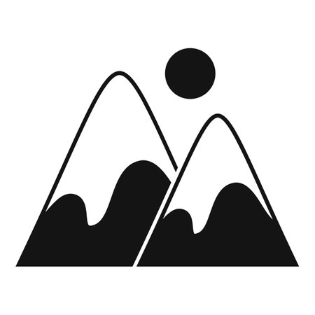 Minimalist black and white illustration of two snowy mountain peaks and sun shining aboveのイラスト素材
