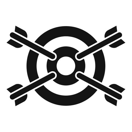 Black and white icon of four arrows hitting the center of a target, symbolizing success, achievement and goalsのイラスト素材
