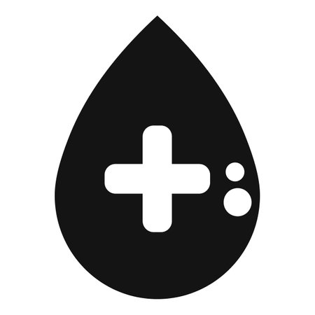 Simple black icon of a drop of blood featuring a white plus sign, representing blood donation and transfusionのイラスト素材