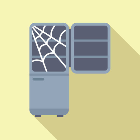 Old empty fridge with cobweb inside is standing open, suggesting a long period of disuseのイラスト素材