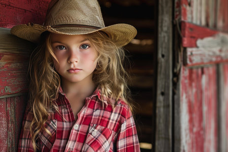 Portrait of a contemplative young girl in a straw cowboy hat by a rustic barnの素材