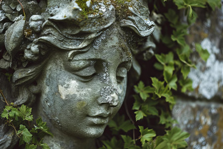 Close-up of a weathered stone sculpture of a womans face partially covered by green leavesの素材