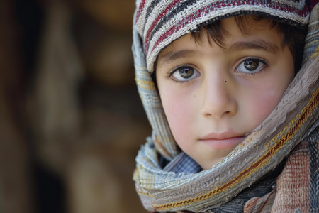 Close-up of a young child with captivating eyes, wrapped in a patterned scarfの素材